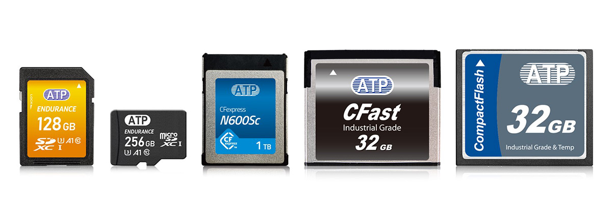 ATP Electronicsのメモリカード製品の一覧画像。SDカード、CFastカード、CompactFlashカードなどが含まれている