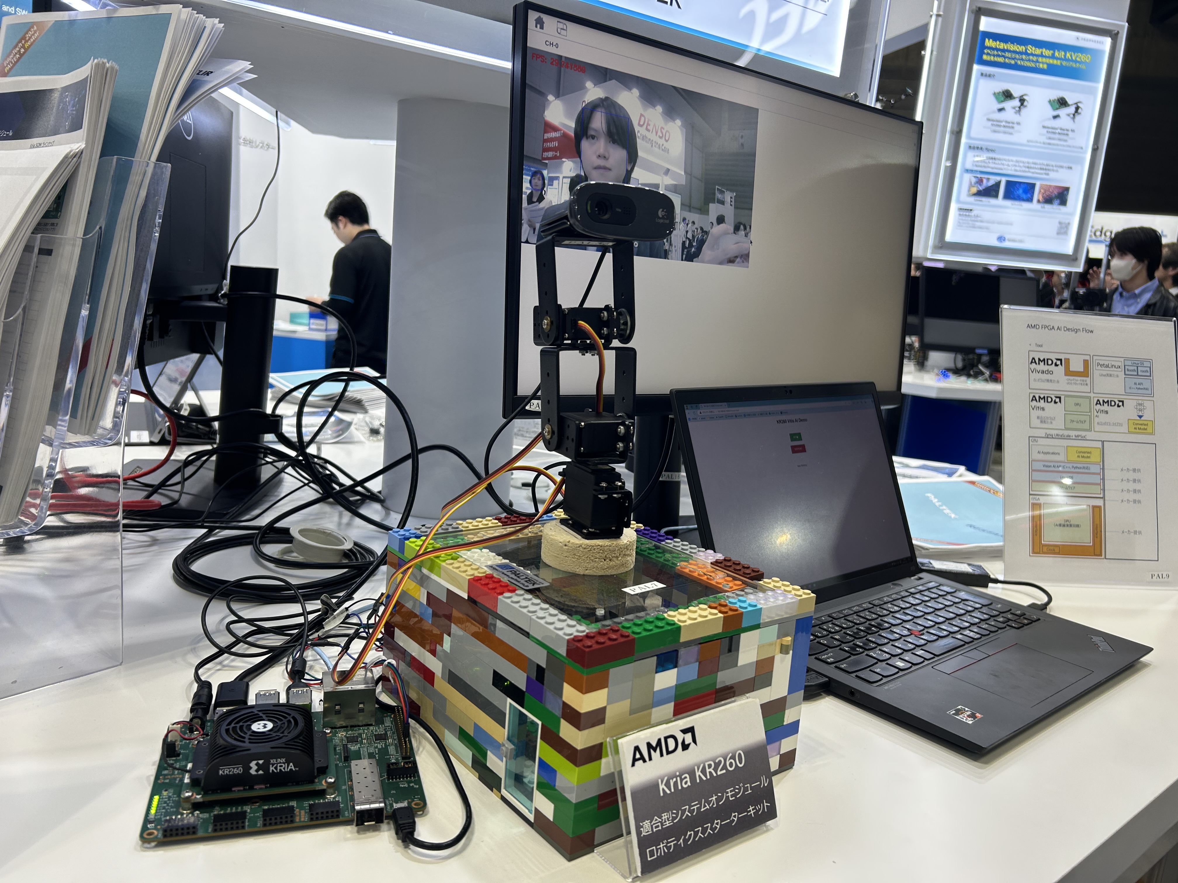 AMD Vitis AIのデモ展示セットアップ。展示台の上にKria SoM開発ボード、カラフルなLEGOブロックで作られたケース、ノートPC、カメラが設置されている。モーター制御と顔認識AIのデモンストレーション環境