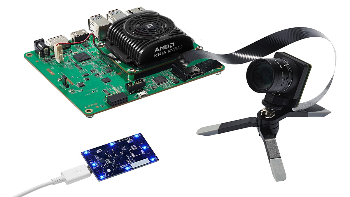 PROPHESEE Metavision Starter Kitの展示。AMD Kria KV260開発ボード、イベントベースビジョンセンサーカメラ、インターフェースボードで構成されたデモセット。