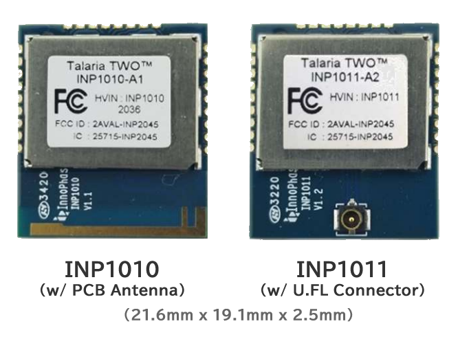 Talaria TWO INP1010/1011モジュール製品写真。左がPCBアンテナ内蔵のINP1010、右がU.FLコネクタ搭載のINP1011。