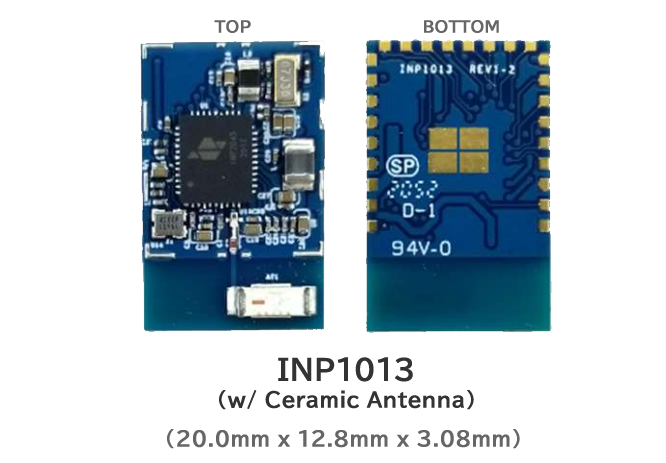 Talaria TWO INP1013モジュールの表裏写真。セラミックアンテナ内蔵タイプ。