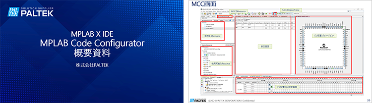 MPLAB X IDE MPLAB Code Configurator 概要資料の表紙およびMCC画面のスクリーンショット