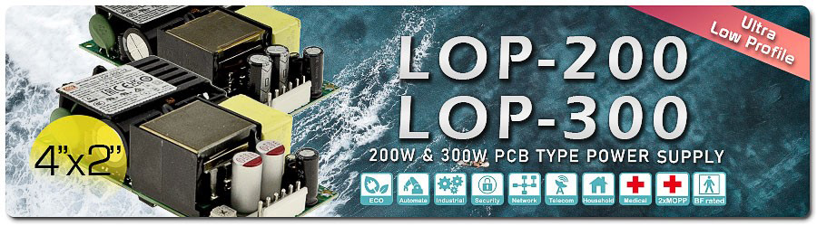 MEAN WELL LOP-200/300シリーズ 200W-300W PCBタイプ電源バナー。Ultra Low Profileの製品特徴を示すアイコン10個と、PCB基板の実装例を表示。サイズは4インチx2インチ。
