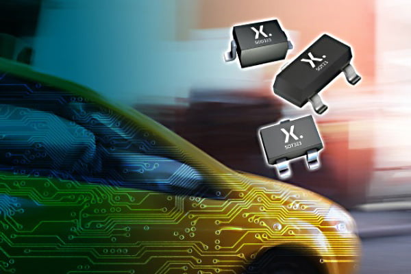 Nexperiaのダイオードデバイスが車と回路を背景に表示されている画像
