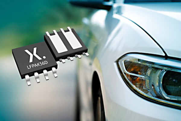 NexperiaのLFPAK56D MOSFET製品が車のヘッドライトを背景に表示されている画像