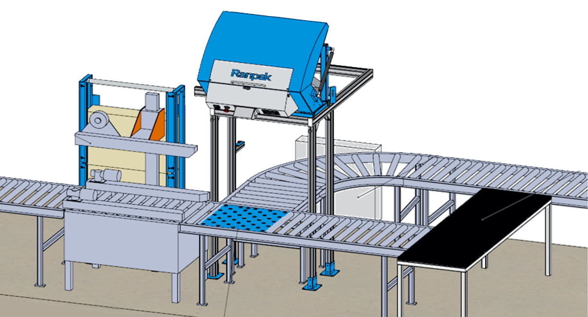 Ranpakによって設計、建設、設置したコンベア上の固定されたフレームに構築されたサイドローディングFillPakインテグレーション図