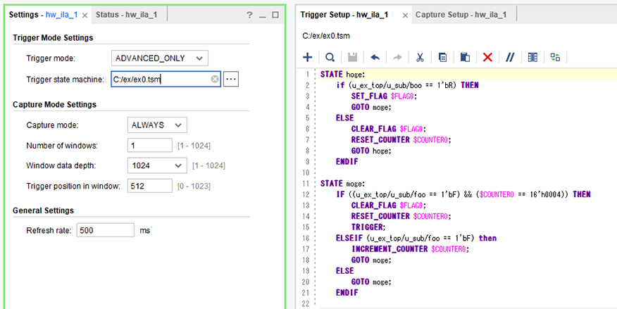 Vivado™ 2020.2.2 Hardware Manager hw_ila_1画面