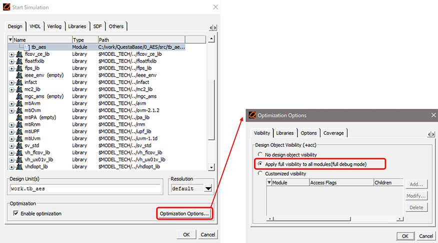 Start SimulationメニューからOptimization Optionsをクリックし、Apply full visibility to all modulesを選択する図