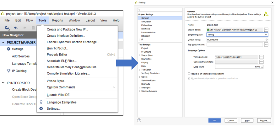 Tools→Settingsで必要に応じて言語の種類（VHDL、Verilog）を選択します