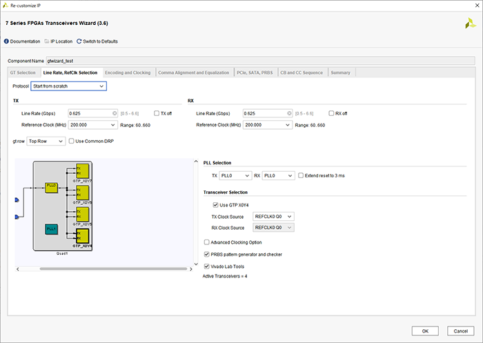 2-3の設定をしてからGTP_X0Y5, GTP_X0Y6, GTP_X0Y7を使用するようにします、PRBS pattern generator and checkerとVivado Lab Toolsを選択します