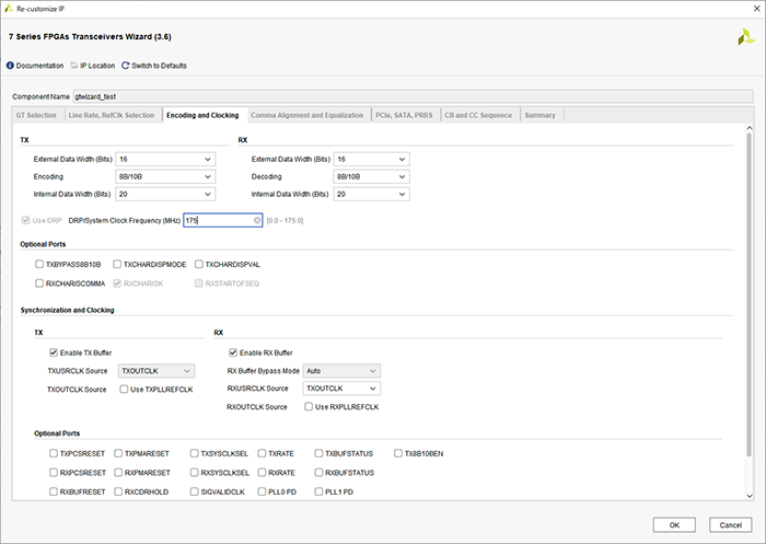 Encoding and Clockingを必要に応じて設定します、DRP/System Clock Frequencyを175MHzに設定します