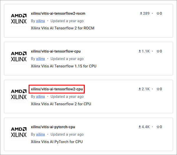 Docker hub AMD(xilinx)提供Docker imageページ